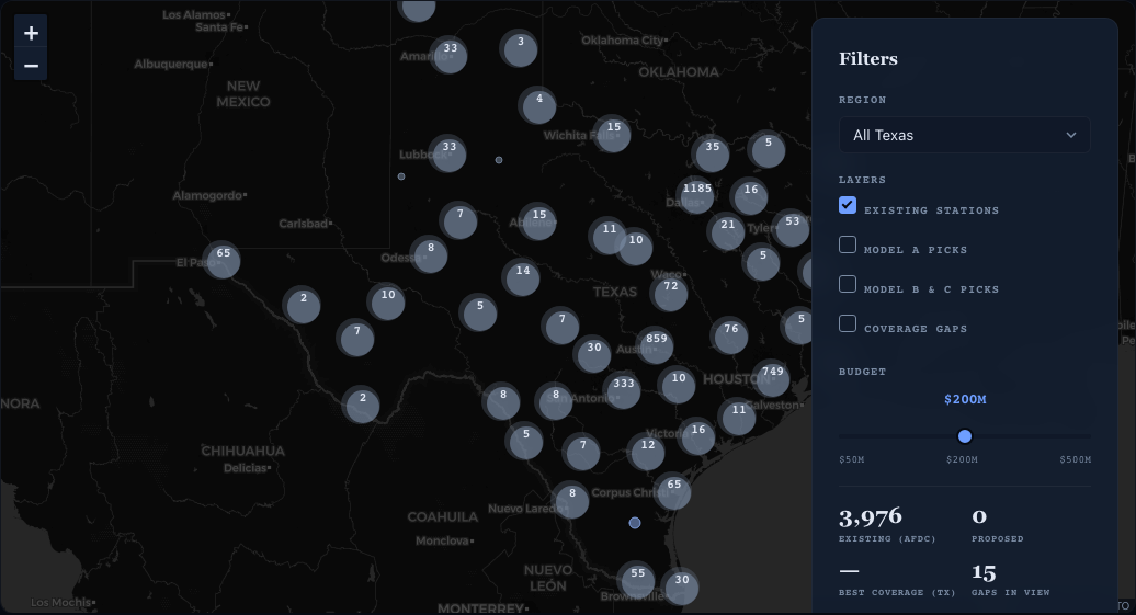 EV charging network planner showing 88.5% coverage, 49 stations, and three-model cost comparison
